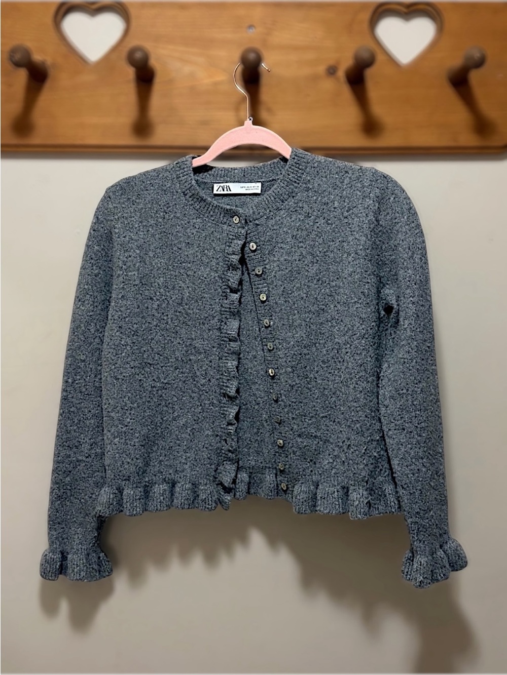 Zara Gray Ruffle Trim Button Front Cardigan Sweater Wool Blend Size S
